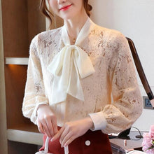 Load image into Gallery viewer, Autumn New Women&#39;s Blouses Fashion Korean Temperament Bow Tie Lace Tops Lantern Sleeve Bottoming Shirt