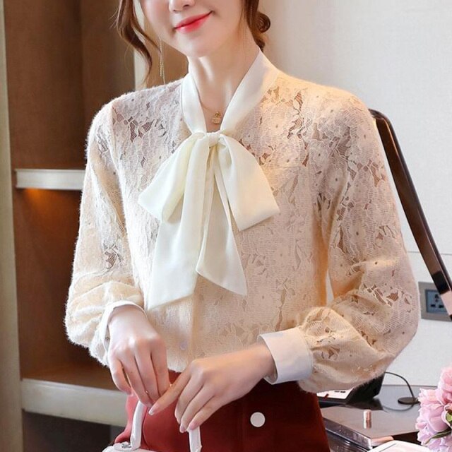 Autumn New Women's Blouses Fashion Korean Temperament Bow Tie Lace Tops Lantern Sleeve Bottoming Shirt