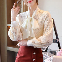 Load image into Gallery viewer, Autumn New Women&#39;s Blouses Fashion Korean Temperament Bow Tie Lace Tops Lantern Sleeve Bottoming Shirt