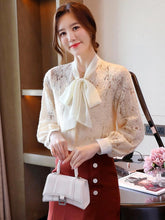 Load image into Gallery viewer, Autumn New Women&#39;s Blouses Fashion Korean Temperament Bow Tie Lace Tops Lantern Sleeve Bottoming Shirt