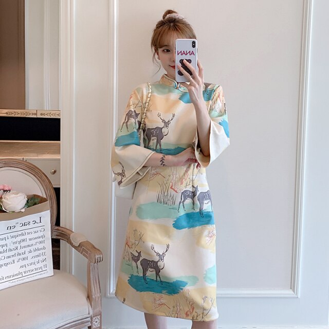 Autumn Plus Size Women Stand Collar Deer Print Improved Cheongsam Flared Sleeves Elegant Chinese Style Dress Female Clothes 4XL