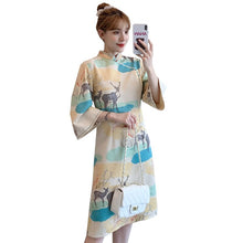 Load image into Gallery viewer, Autumn Plus Size Women Stand Collar Deer Print Improved Cheongsam Flared Sleeves Elegant Chinese Style Dress Female Clothes 4XL