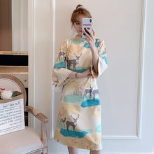 Load image into Gallery viewer, Autumn Plus Size Women Stand Collar Deer Print Improved Cheongsam Flared Sleeves Elegant Chinese Style Dress Female Clothes 4XL