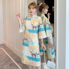 Load image into Gallery viewer, Autumn Plus Size Women Stand Collar Deer Print Improved Cheongsam Flared Sleeves Elegant Chinese Style Dress Female Clothes 4XL