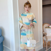 Load image into Gallery viewer, Autumn Plus Size Women Stand Collar Deer Print Improved Cheongsam Flared Sleeves Elegant Chinese Style Dress Female Clothes 4XL