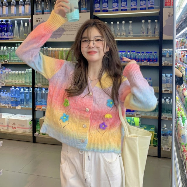 Autumn Rainbow Knitted Sweater Coat Women Floral Patchwork Kawaii Sweater Cardigan Casual Winter Warm Knitwear Sweater 2021 New