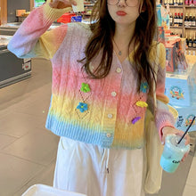 Load image into Gallery viewer, Autumn Rainbow Knitted Sweater Coat Women Floral Patchwork Kawaii Sweater Cardigan Casual Winter Warm Knitwear Sweater 2021 New