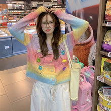 Load image into Gallery viewer, Autumn Rainbow Knitted Sweater Coat Women Floral Patchwork Kawaii Sweater Cardigan Casual Winter Warm Knitwear Sweater 2021 New