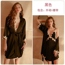 Load image into Gallery viewer, Autumn Splicing Satin Stitching Lace Robe Women&#39;s Cardigan Long-sleeved Nightwear Bathrobe Home Service Pajama Dress Nightgown