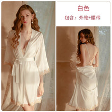 Load image into Gallery viewer, Autumn Splicing Satin Stitching Lace Robe Women&#39;s Cardigan Long-sleeved Nightwear Bathrobe Home Service Pajama Dress Nightgown