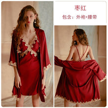Load image into Gallery viewer, Autumn Splicing Satin Stitching Lace Robe Women&#39;s Cardigan Long-sleeved Nightwear Bathrobe Home Service Pajama Dress Nightgown