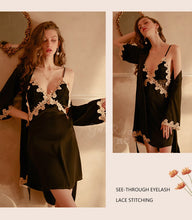 Load image into Gallery viewer, Autumn Splicing Satin Stitching Lace Robe Women&#39;s Cardigan Long-sleeved Nightwear Bathrobe Home Service Pajama Dress Nightgown