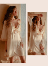 Load image into Gallery viewer, Autumn Splicing Satin Stitching Lace Robe Women&#39;s Cardigan Long-sleeved Nightwear Bathrobe Home Service Pajama Dress Nightgown