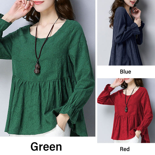 Autumn Spring 2021 New Blouse Vintage Blouses Jacquard O Neck Long Sleeve Long Tops Ruffle Flared Comfortable Peplum Loose Tees