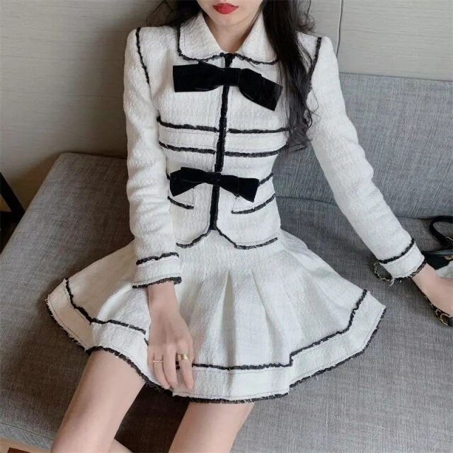 Autumn Suit Female Temperament Tweed Short Stitching Jacket + High Waist A-Line Skirt Women Two-Piece Sets