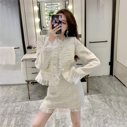 Autumn Suit Female Temperament Tweed Short Stitching Jacket + High Waist A-Line Skirt Women Two-Piece Sets