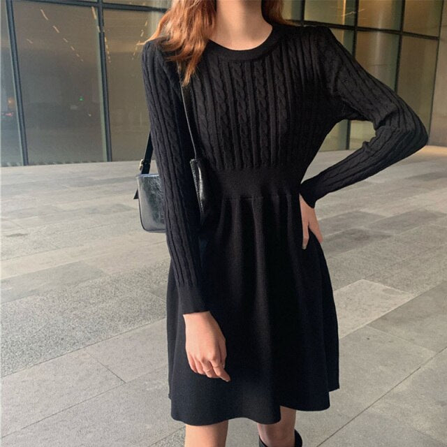 Autumn Twist Splicing Party Dress Casual Knitted Women's Dress High Waist Mini Robe Basic Woman Clothes Winter Fashion Vestidos