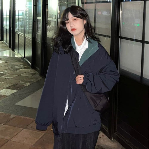 Autumn Waterproof Jacket with Hoodie Women Korean Fashion Y2k Clothing Trench Coat Chic Pure Color Zipper Loose Windbreaker