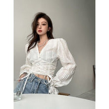 Load image into Gallery viewer, Autumn White Lace Chiffon Blouse Shirt Women Short Designer Long Sleeve Crop Tops Shirt Female Casual Bandage Sweet Tops 2021