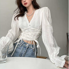 Load image into Gallery viewer, Autumn White Lace Chiffon Blouse Shirt Women Short Designer Long Sleeve Crop Tops Shirt Female Casual Bandage Sweet Tops 2021