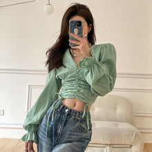 Load image into Gallery viewer, Autumn White Lace Chiffon Blouse Shirt Women Short Designer Long Sleeve Crop Tops Shirt Female Casual Bandage Sweet Tops 2021