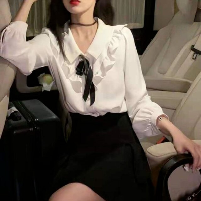 Autumn White Sweet Blouse Top Women Korean Ruffles Patchwork Bow Shirt Female Long Sleeve Chic Outing Designer Kawaii Shirt 2021