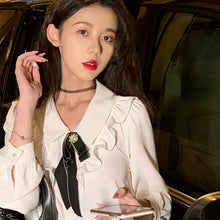 Load image into Gallery viewer, Autumn White Sweet Blouse Top Women Korean Ruffles Patchwork Bow Shirt Female Long Sleeve Chic Outing Designer Kawaii Shirt 2021