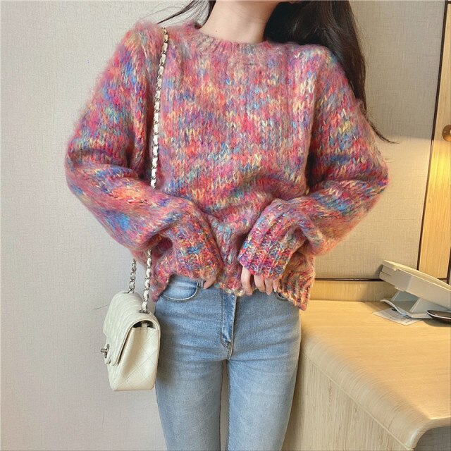 Autumn Winter 2022 New Rainbow Tie Dyed Sweater Women Thick Thread Hong Kong Style Knitted Tops Korean Chic Sweet Pull Femme