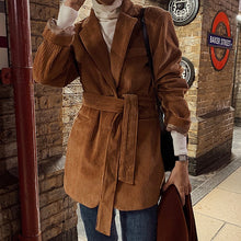 Load image into Gallery viewer, Autumn Winter 2022 Retro Lapel Women Coats Two Grain Buckle Bandage Waist Long Sleeve Suit Coat Elegant OL Style Women Blazers