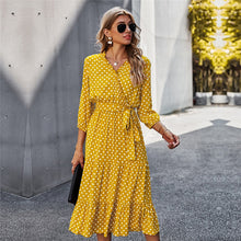 Load image into Gallery viewer, Autumn Winter Dot Bandage Dress Women Casual Ruffles V Neck High Waist Slim Print Long Dress For Women 2021 New Fashion