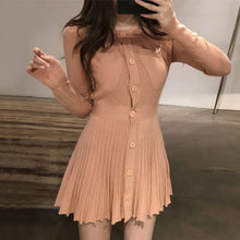 Load image into Gallery viewer, Autumn Winter Elegant Knitted Pleated Dress for Women O Neck Long Sleeve Slim Waist A Line Vestidos Mujer Korean Style Chic Robe