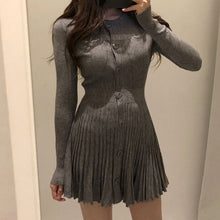 Load image into Gallery viewer, Autumn Winter Elegant Knitted Pleated Dress for Women O Neck Long Sleeve Slim Waist A Line Vestidos Mujer Korean Style Chic Robe