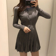 Load image into Gallery viewer, Autumn Winter Elegant Knitted Pleated Dress for Women O Neck Long Sleeve Slim Waist A Line Vestidos Mujer Korean Style Chic Robe