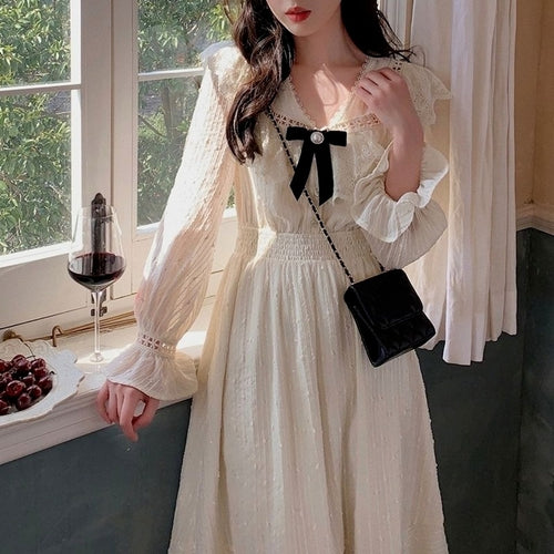 Autumn Winter France Vintage Elegant Dress Women Retro Evening Party Long Dresses 2021 Long Sleeve Sweet Korean Fashion Dresses