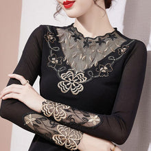 Load image into Gallery viewer, Autumn Winter Lace Tops Elegant Slim Embroidered Mesh Bottoming Shirt Fashion Sexy Hollow Out Hot Drilling Women&#39;s tshirt