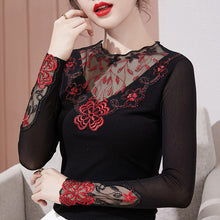 Load image into Gallery viewer, Autumn Winter Lace Tops Elegant Slim Embroidered Mesh Bottoming Shirt Fashion Sexy Hollow Out Hot Drilling Women&#39;s tshirt