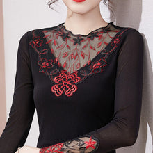 Load image into Gallery viewer, Autumn Winter Lace Tops Elegant Slim Embroidered Mesh Bottoming Shirt Fashion Sexy Hollow Out Hot Drilling Women&#39;s tshirt