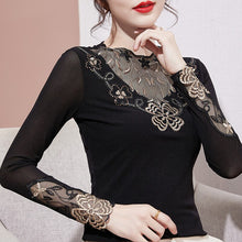 Load image into Gallery viewer, Autumn Winter Lace Tops Elegant Slim Embroidered Mesh Bottoming Shirt Fashion Sexy Hollow Out Hot Drilling Women&#39;s tshirt