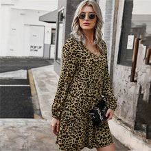 Load image into Gallery viewer, Autumn Winter Leopard Oversize Dress Women Casual V Neck Button A Line Mini