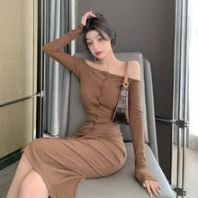 Load image into Gallery viewer, Autumn Winter Long Sleeve Off-shoulder Woman Dress Korean Style Elegant Sexy Slim Fit Bottoming Dress Vestidos Mujer Simple Robe