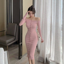 Load image into Gallery viewer, Autumn Winter Long Sleeve Off-shoulder Woman Dress Korean Style Elegant Sexy Slim Fit Bottoming Dress Vestidos Mujer Simple Robe