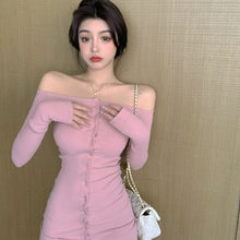 Load image into Gallery viewer, Autumn Winter Long Sleeve Off-shoulder Woman Dress Korean Style Elegant Sexy Slim Fit Bottoming Dress Vestidos Mujer Simple Robe