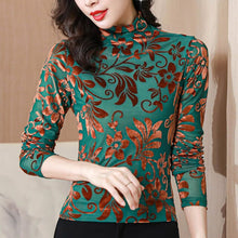 Load image into Gallery viewer, Autumn Winter Long Sleeve Women&#39;s T-Shirt Fashion Casual Turtleneck Vetvel Flocking Mesh Tops Plus Size Female Clothing