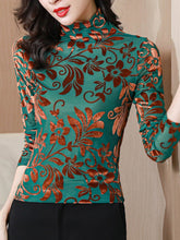 Load image into Gallery viewer, Autumn Winter Long Sleeve Women&#39;s T-Shirt Fashion Casual Turtleneck Vetvel Flocking Mesh Tops Plus Size Female Clothing