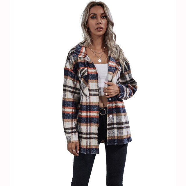 Autumn Winter  Loose-collar Lapel Plaid Color Matching Women Jacket Casual Female Outwear Long-sleeved Coat