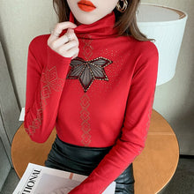 Load image into Gallery viewer, Autumn Winter New 2021 Women&#39;s T-Shirt High-neck Fashion Lace-studded Bottoming shirt Elegant Slim Hollow Out Mesh Tops