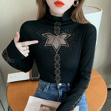 Load image into Gallery viewer, Autumn Winter New 2021 Women&#39;s T-Shirt High-neck Fashion Lace-studded Bottoming shirt Elegant Slim Hollow Out Mesh Tops