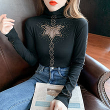 Load image into Gallery viewer, Autumn Winter New 2021 Women&#39;s T-Shirt High-neck Fashion Lace-studded Bottoming shirt Elegant Slim Hollow Out Mesh Tops