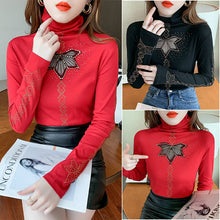 Load image into Gallery viewer, Autumn Winter New 2021 Women&#39;s T-Shirt High-neck Fashion Lace-studded Bottoming shirt Elegant Slim Hollow Out Mesh Tops