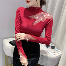 Load image into Gallery viewer, Autumn Winter New 2021 Women&#39;s Tops Shirt Fashion Sexy Hollow Out Diamonds Long Sleeve Mesh T-Shirt Plus Size Female Clothing